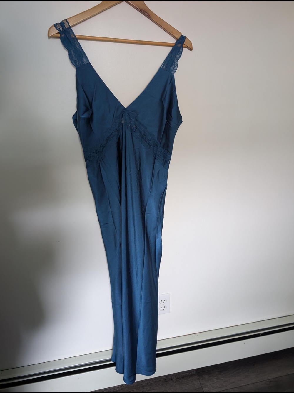 Deep Teal Satin Slip Dress with Delicate Lace Trim